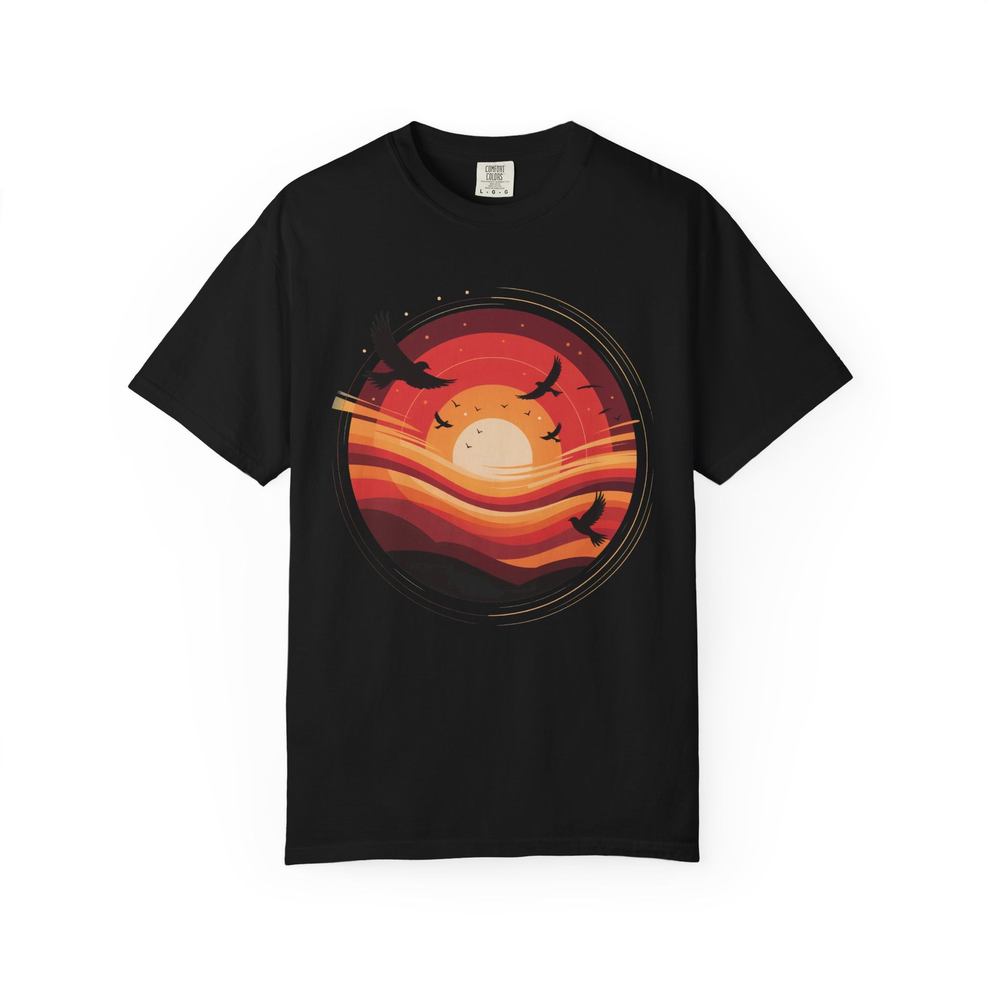 Sunset Energy Abstract T-Shirt features a vibrant, abstract sunset design with concentric rings and silhouetted birds, embodying casual style and comfort, perfect for summer or outdoor gatherings.
