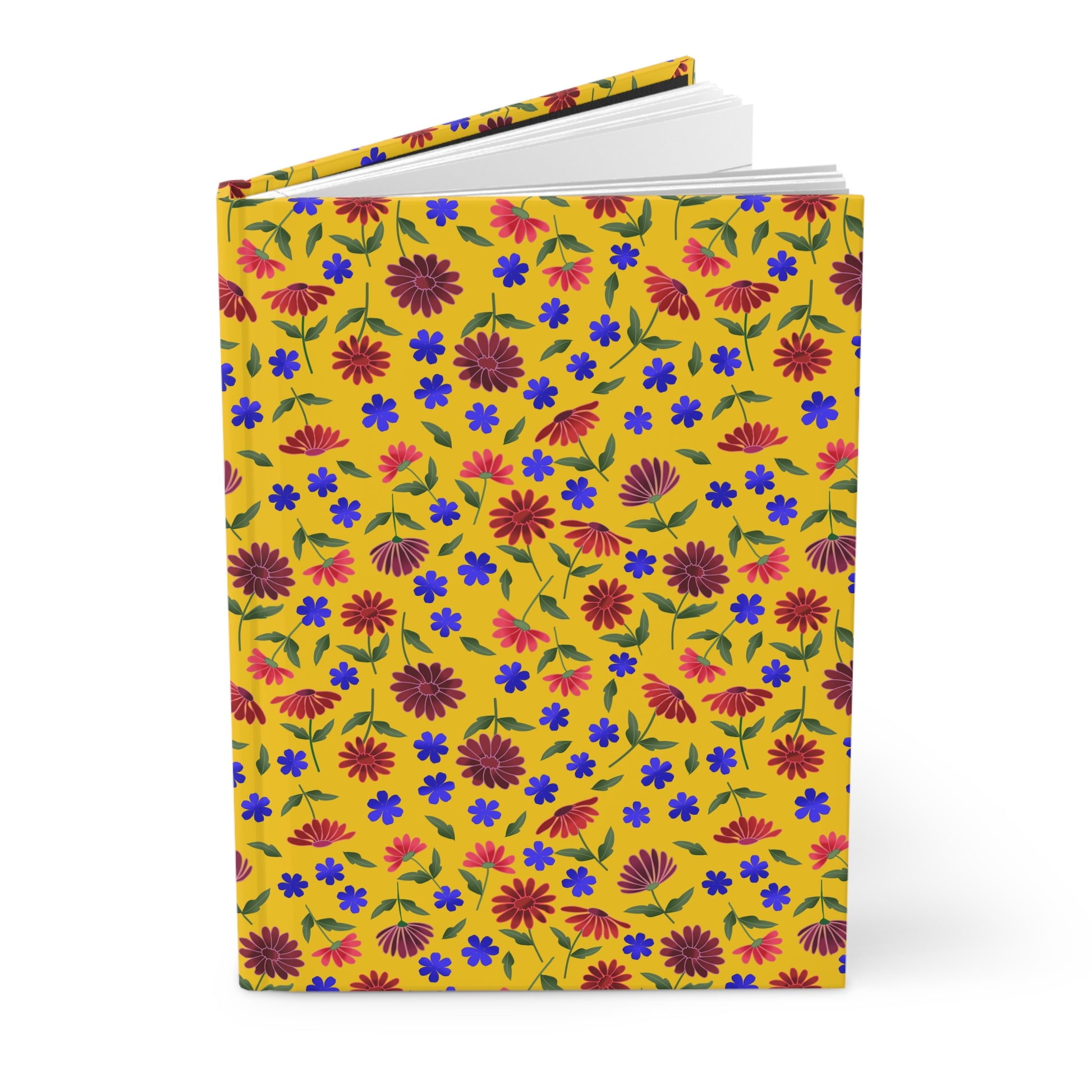 Floral Pattern Hardcover Journal — Bright Yellow Wildflower Notebook: A vibrant mustard-yellow cover adorned with red and maroon daisies and cobalt-blue flowers. The sewn casewrap binding opens flat, ideal for joyful, creative writing.