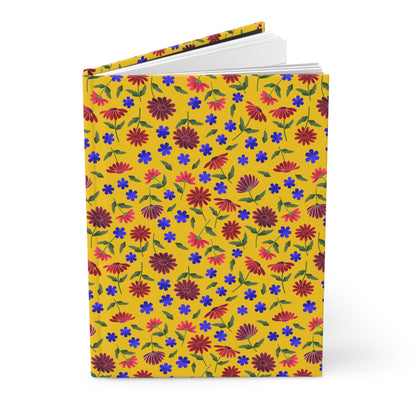 Floral Pattern Hardcover Journal — Bright Yellow Wildflower Notebook: A vibrant mustard-yellow cover adorned with red and maroon daisies and cobalt-blue flowers. The sewn casewrap binding opens flat, ideal for joyful, creative writing.