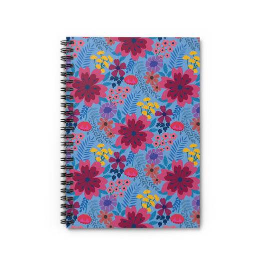 Floral Spiral Notebook with vibrant stylized flowers on a medium-blue cover, featuring a sleek metal spiral binding, ideal for creative expression and organization. Compact and eco-friendly, perfect for joyful note-taking.