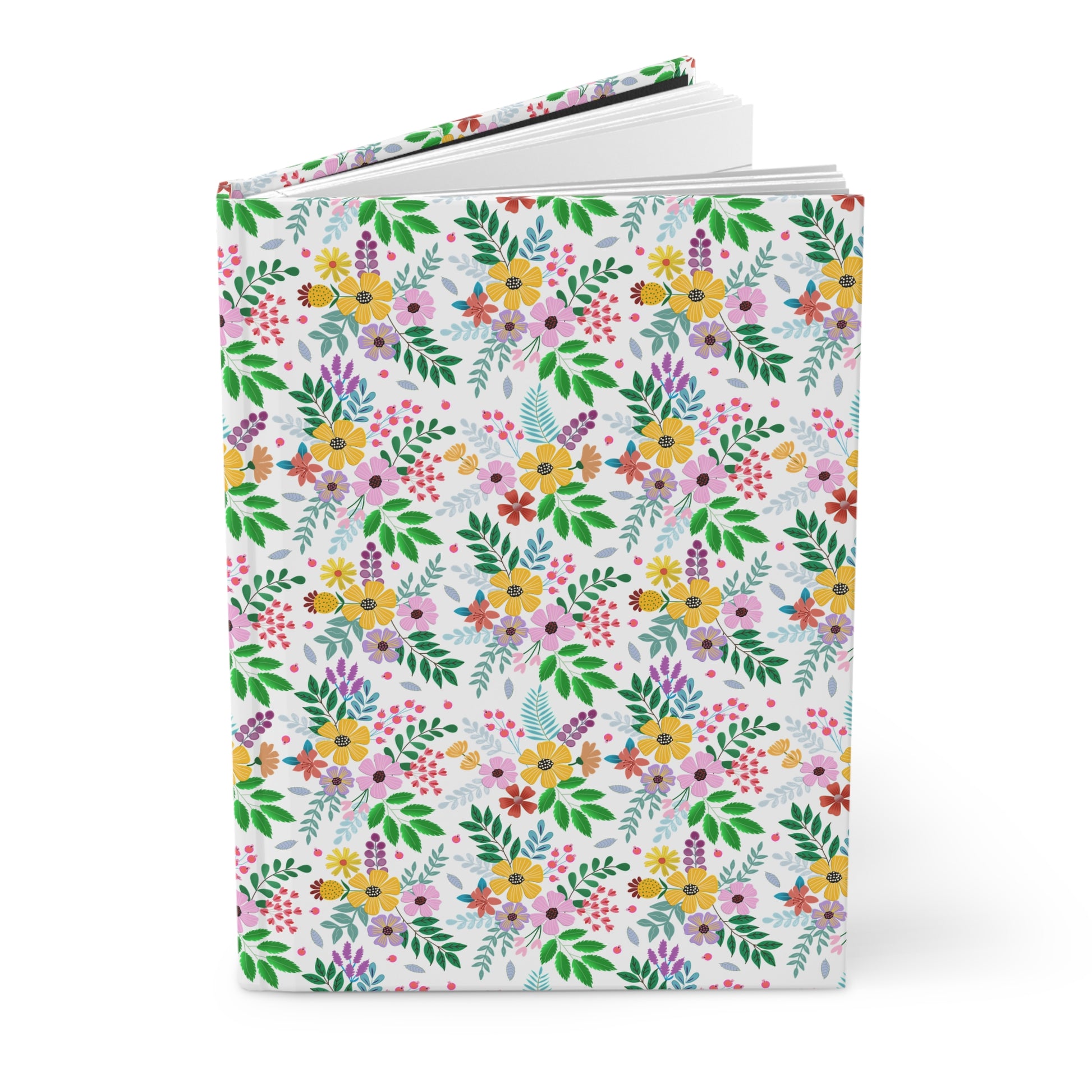 HARDCOVER JOURNAL, MATTE, RULED, 5X7, SEWN BIND, CLEAN-TEAR PAGES – BOTANICAL BURST, featuring a seamless floral pattern on the cover, stands upright, showcasing its smooth, durable finish and crisp white interior pages.