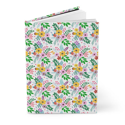 HARDCOVER JOURNAL, MATTE, RULED, 5X7, SEWN BIND, CLEAN-TEAR PAGES – BOTANICAL BURST, featuring a seamless floral pattern on the cover, stands upright, showcasing its smooth, durable finish and crisp white interior pages.