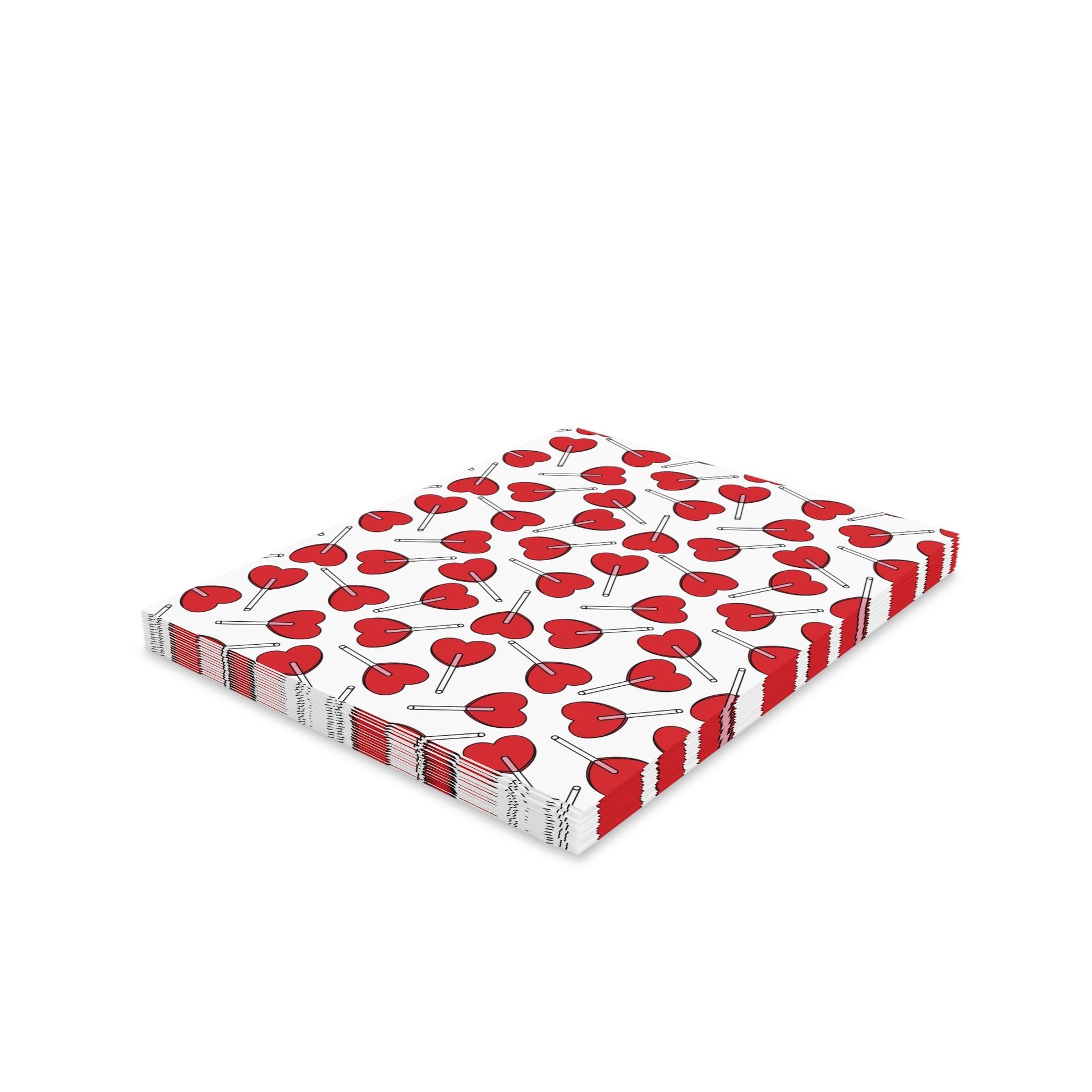Love Greeting Cards — Pack of 8/16/24, featuring red heart-shaped lollipops on a matte finish. Ideal for expressing gratitude or celebration, each card includes a matching white envelope.