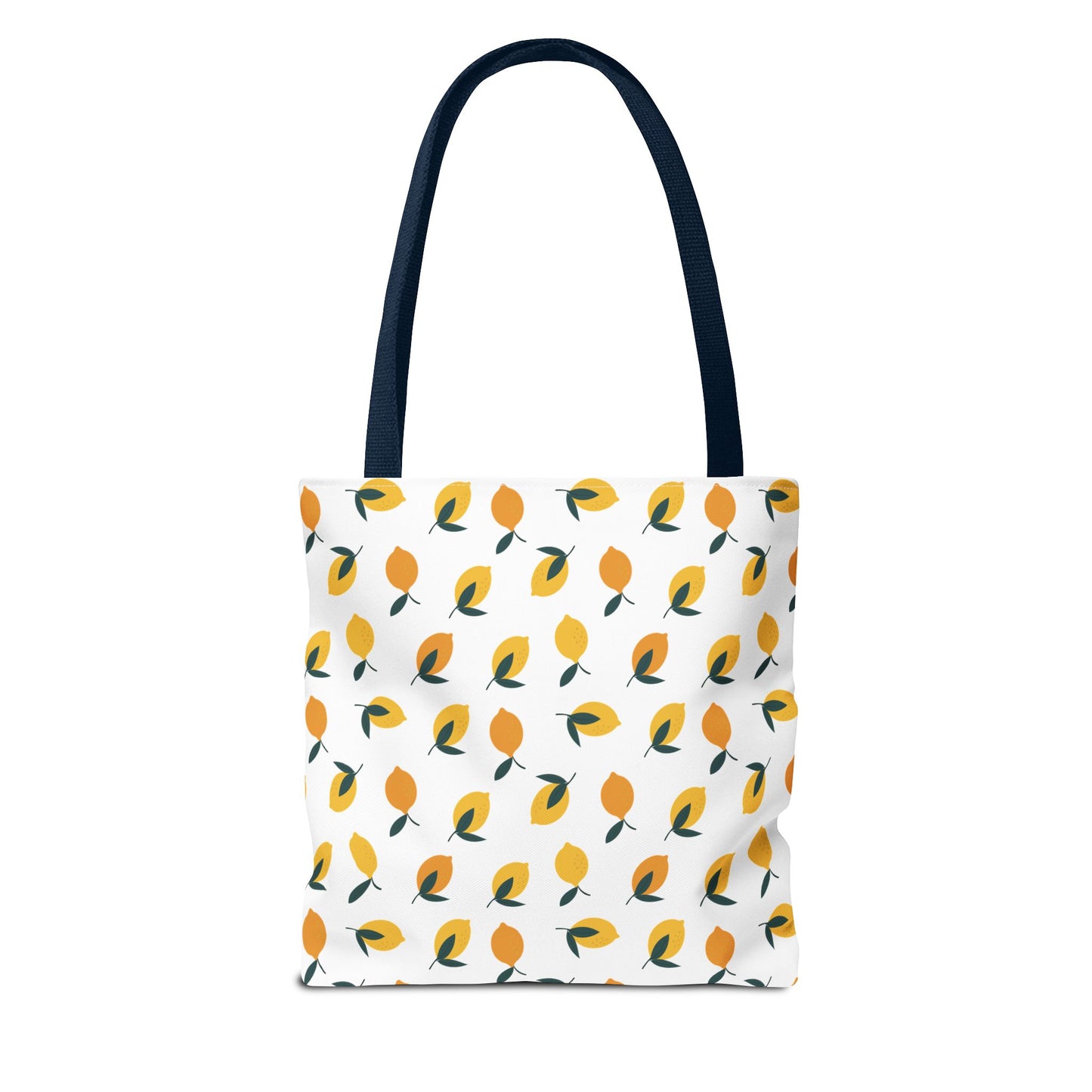 Lemon Drop Toss Tote Bag with navy handles, featuring a vibrant, stylized lemon pattern, ideal for summer outings and adding a cheerful touch to your style.