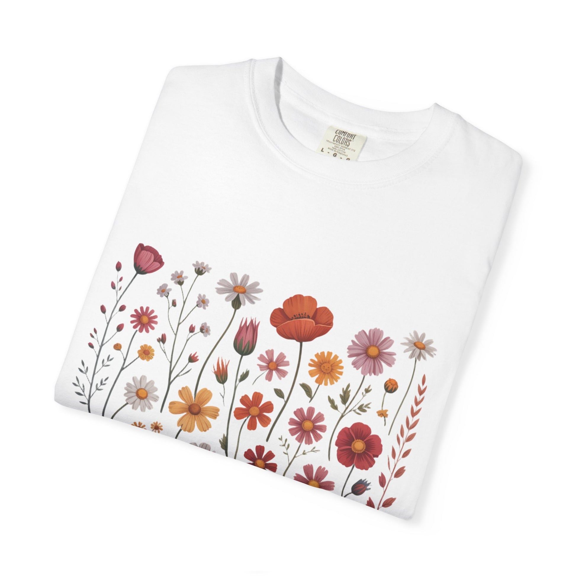 Wildflowers Summer T-Shirt features a vibrant floral design, reflecting a carefree summer vibe, ideal for outdoor activities. This short-sleeve shirt embodies FireBrook Essentials' commitment to stylish, comfortable apparel.