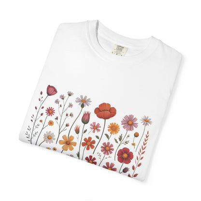 Wildflowers Summer T-Shirt features a vibrant floral design, reflecting a carefree summer vibe, ideal for outdoor activities. This short-sleeve shirt embodies FireBrook Essentials' commitment to stylish, comfortable apparel.
