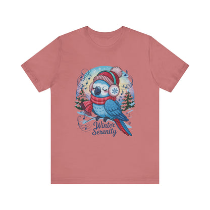 Winter Serenity Cute Baby Parrot Unisex T-Shirt showcases a charming parrot graphic, ideal for bird enthusiasts. Crafted from 100% Airlume cotton, it offers a comfortable fit for casual and semi-formal occasions.