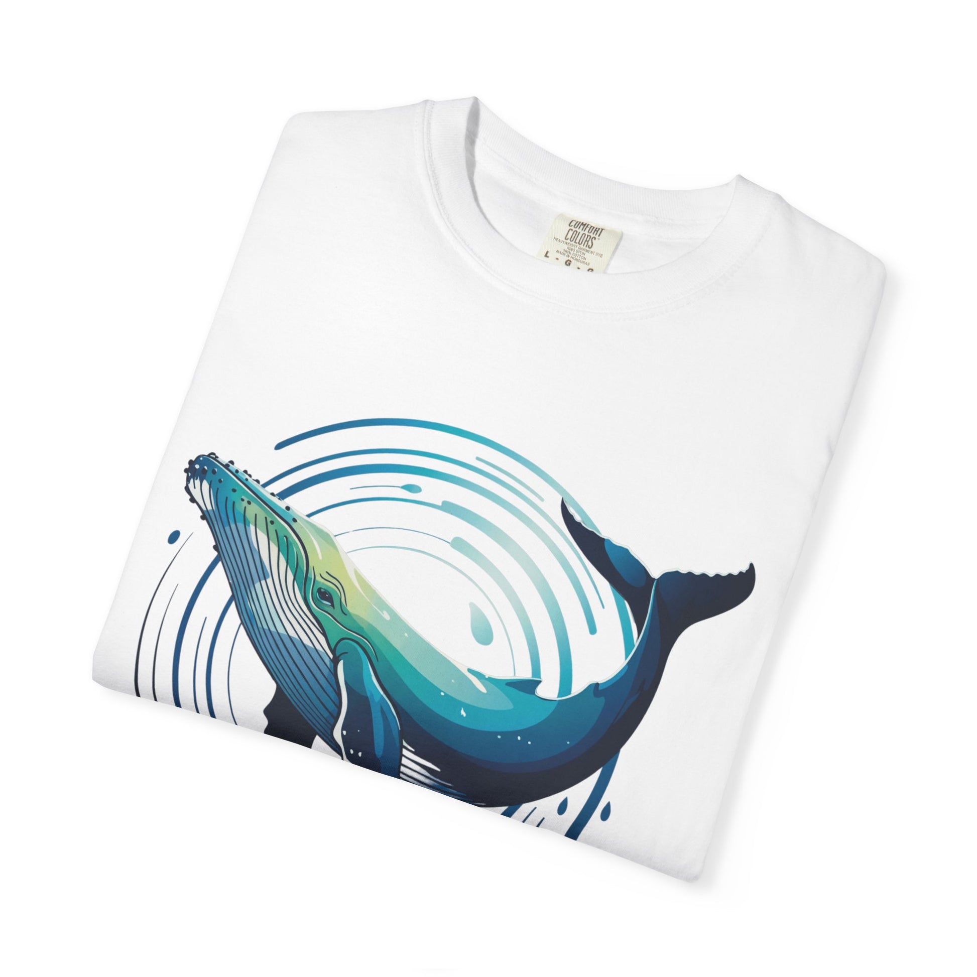 Ocean Wave with Humpback Whale Fin Design T-Shirt showcases a dynamic abstract ocean scene with a stylized whale fin, emphasizing movement. Crafted from soft, durable US cotton, ideal for ocean enthusiasts and casual wear.