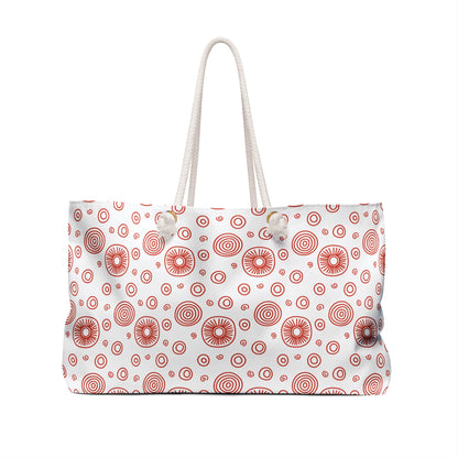 Weekender Bag - Red Swirls and Circles Design: A stylish, durable shoulder bag with red swirl patterns, featuring rope handles and a spacious T-bottom, ideal for fashion-forward travelers seeking practicality.