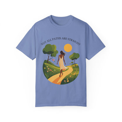 Inspirational Message T-Shirt featuring a woman walking on a path, surrounded by trees, symbolizing life's journey. Ideal for those seeking comfort and style with a meaningful design from FireBrook Essentials.