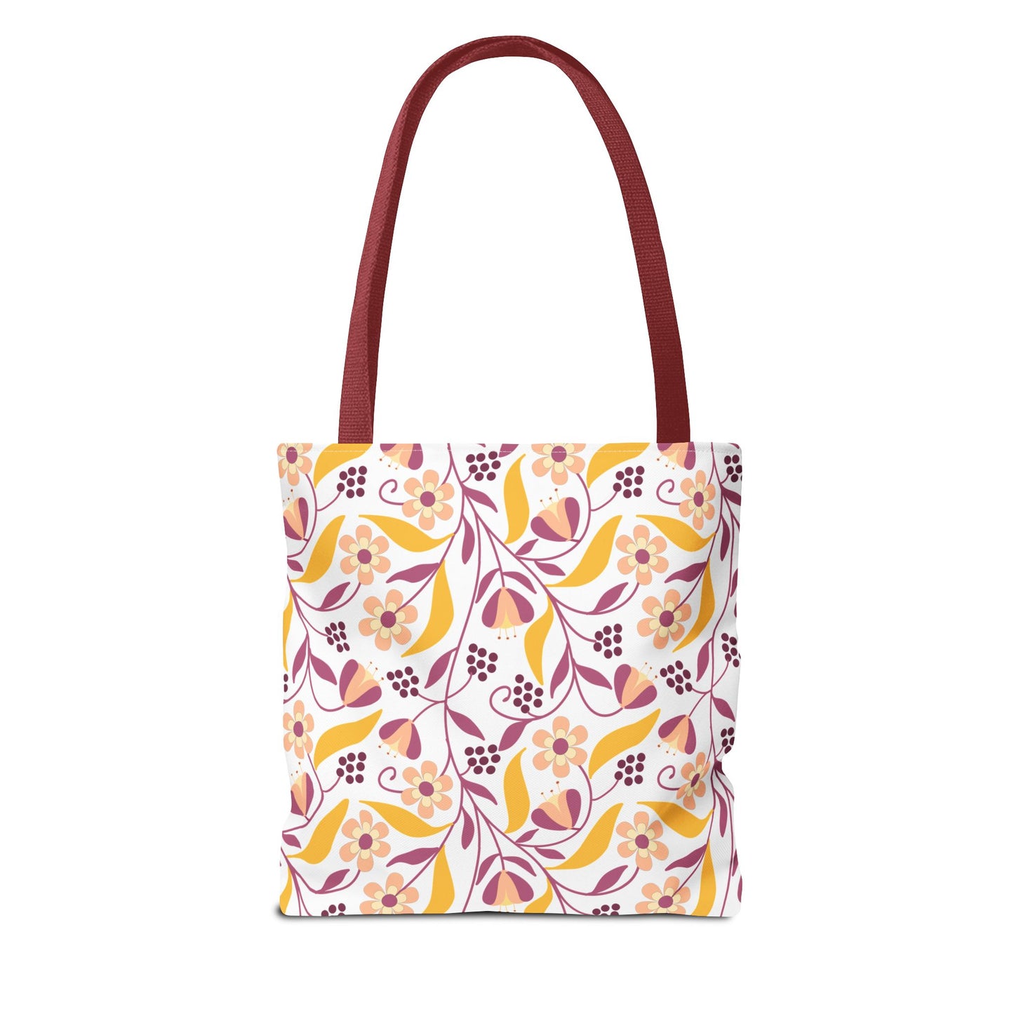 Floral Tote Bag with burgundy-red straps features a vibrant floral pattern with six-petaled flowers and tulip-shaped blossoms, ideal for summer outings and beach trips, embodying FireBrook Essentials' uplifting design ethos.