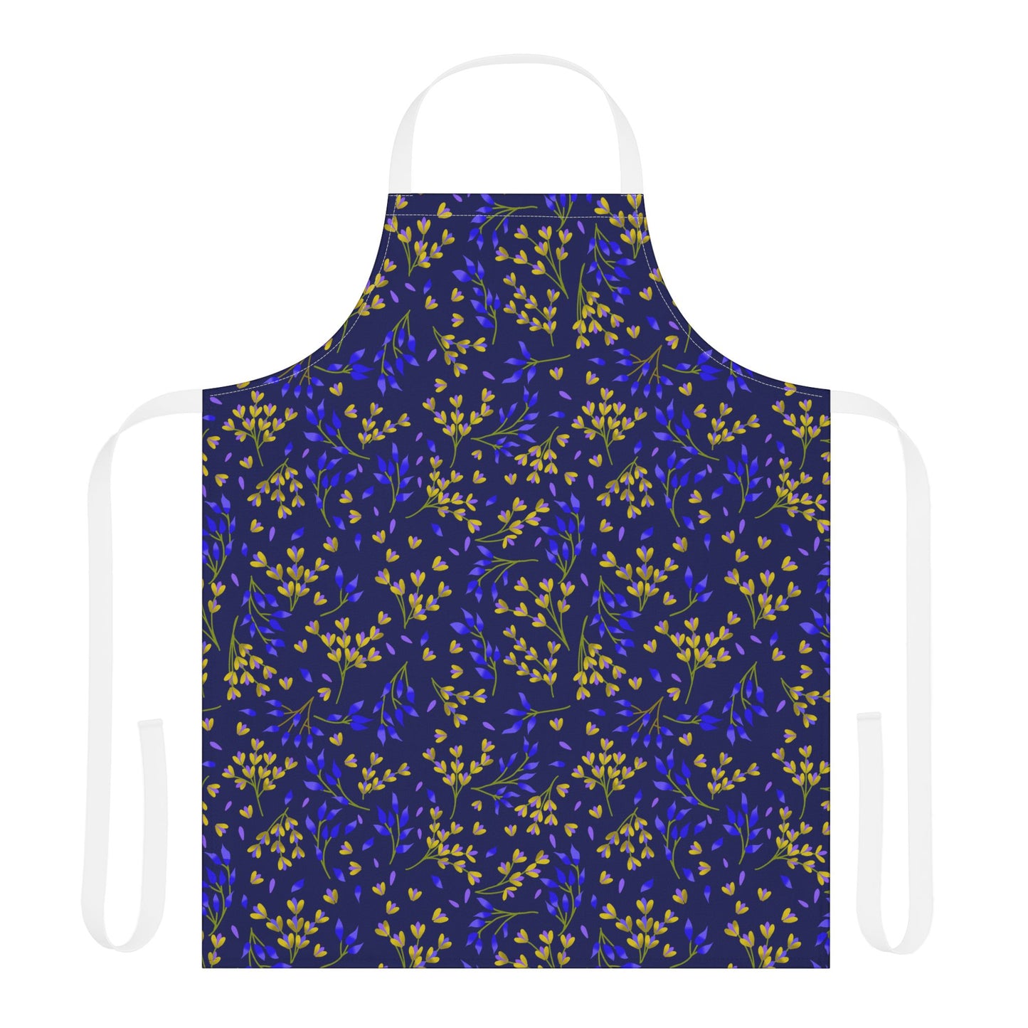 Floral Apron from FireBrook Designs features a deep navy blue with yellow and cobalt-blue botanical sprigs. Made of stain-free polyester canvas, it offers comfort and style with white neck and waist ties.