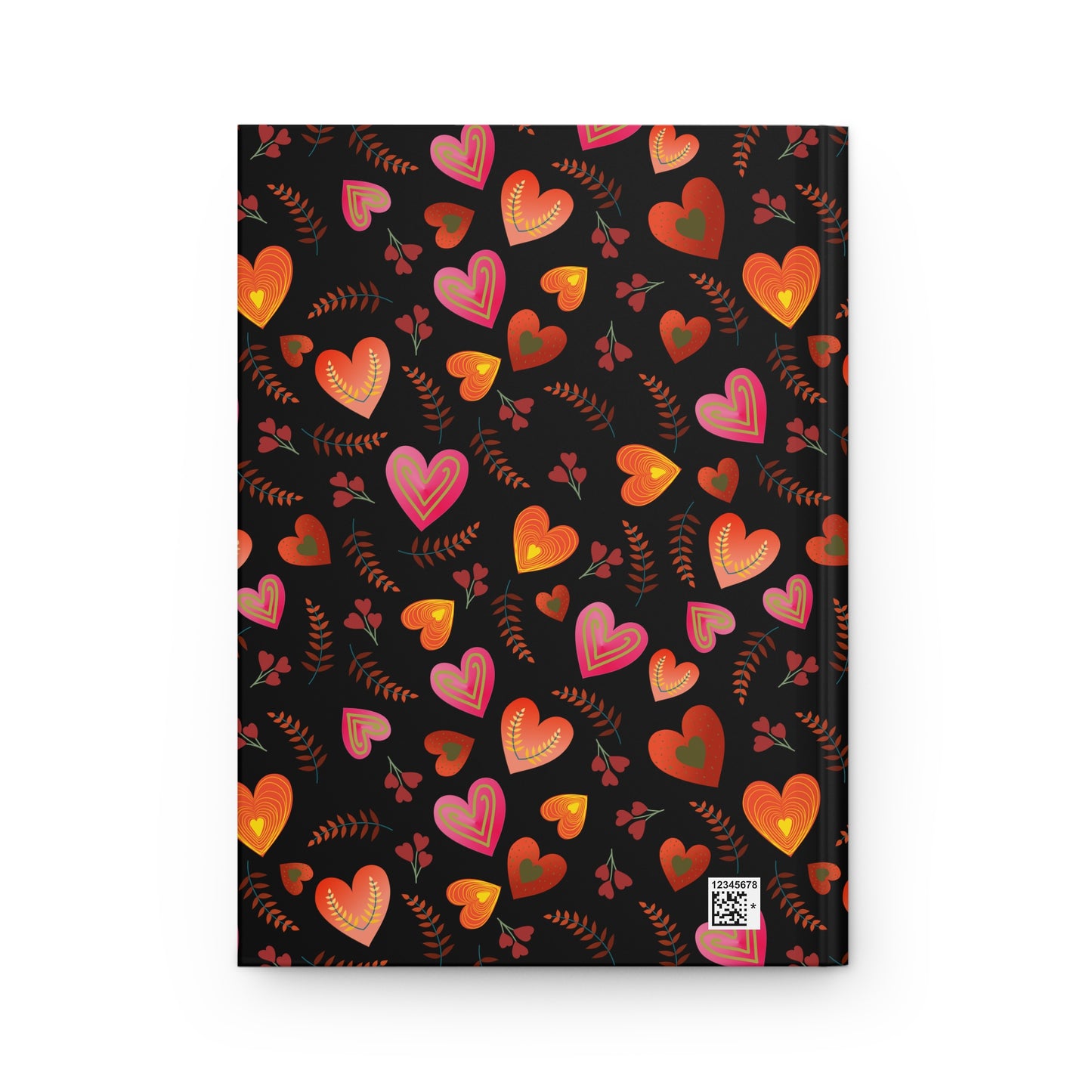 HARDCOVER JOURNAL, MATTE, RULED, 5X7, SEWN BIND, CLEAN-TEAR PAGES featuring a black back cover adorned with a vibrant pattern of stylized hearts and floral sprigs, complete with a small barcode.