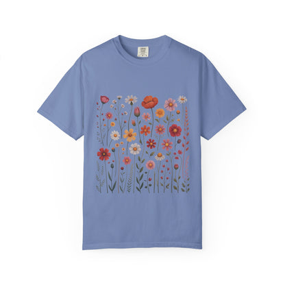Wildflowers Summer T-Shirt: A soft, garment-dyed shirt with double-needle stitching, embodying a vibrant, carefree vibe perfect for outdoor summer activities and celebrations, aligning with FireBrook Essentials' joyful, uplifting style.