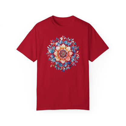 Red unisex t-shirt featuring a detailed watercolor floral mandala design with shades of blue, orange, and pink. The intricate botanical pattern radiates from the center, creating a soft, artistic, and nature-inspired aesthetic