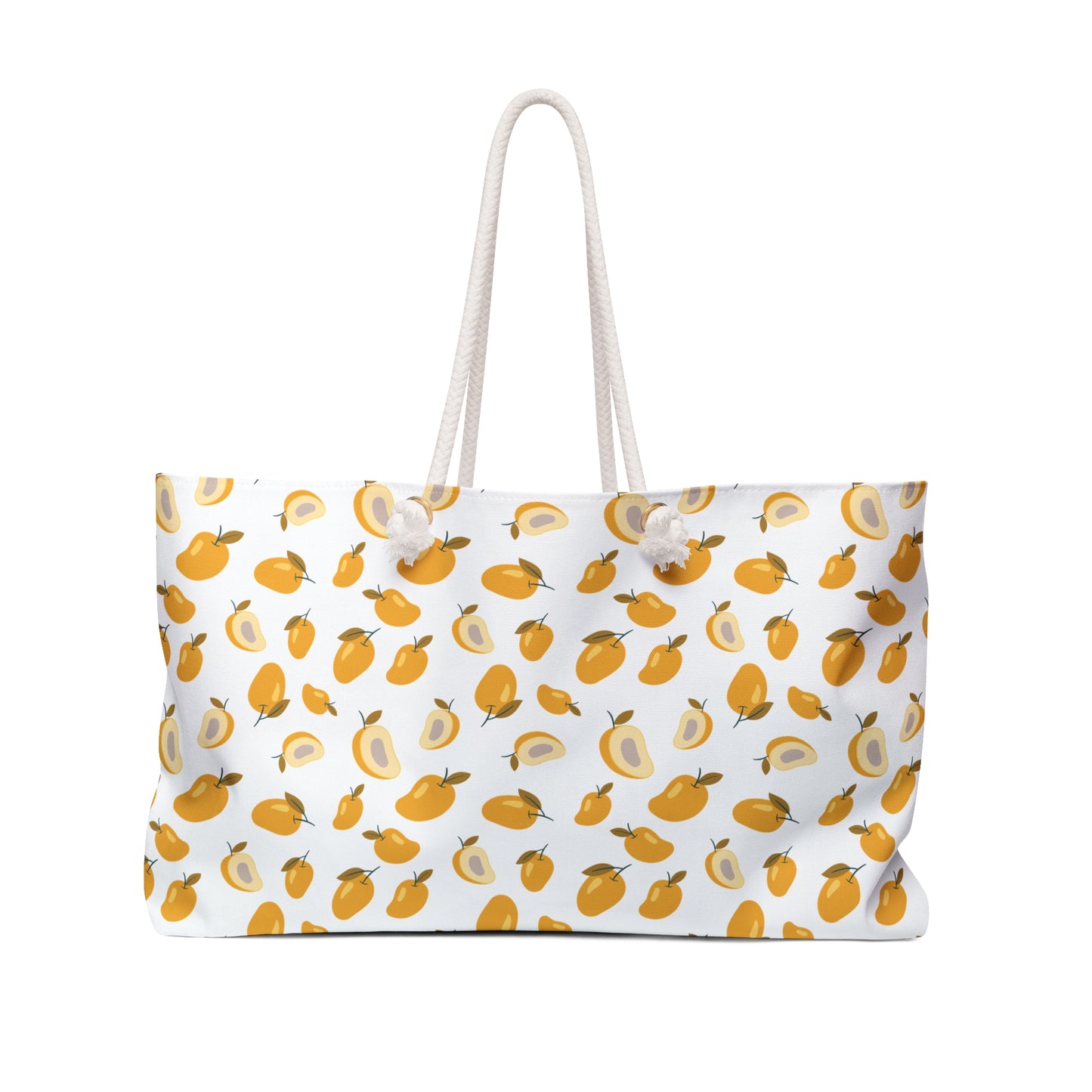 Mango Pattern Weekender Bag – Tropical Fruit Travel Tote: A spacious, durable tote featuring a vibrant mango design, perfect for summer getaways. Equipped with comfortable rope handles, it embodies FireBrook Designs' uplifting style.