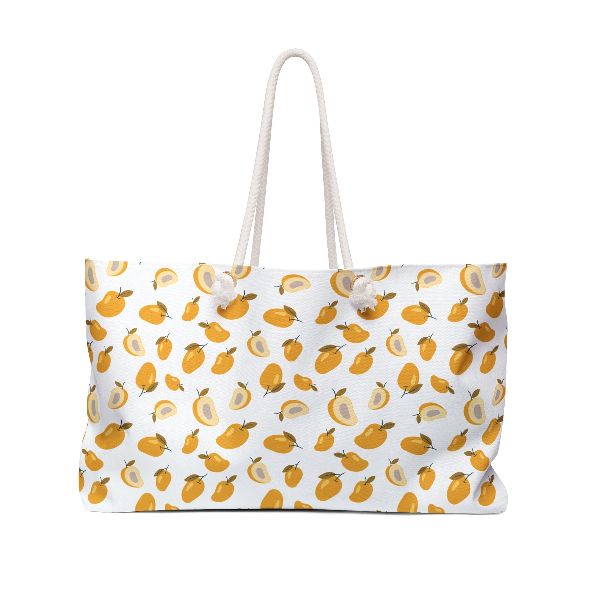 Mango Pattern Weekender Bag – Tropical Fruit Travel Tote: A spacious, durable tote featuring a vibrant mango design, perfect for summer getaways. Equipped with comfortable rope handles, it embodies FireBrook Designs' uplifting style.
