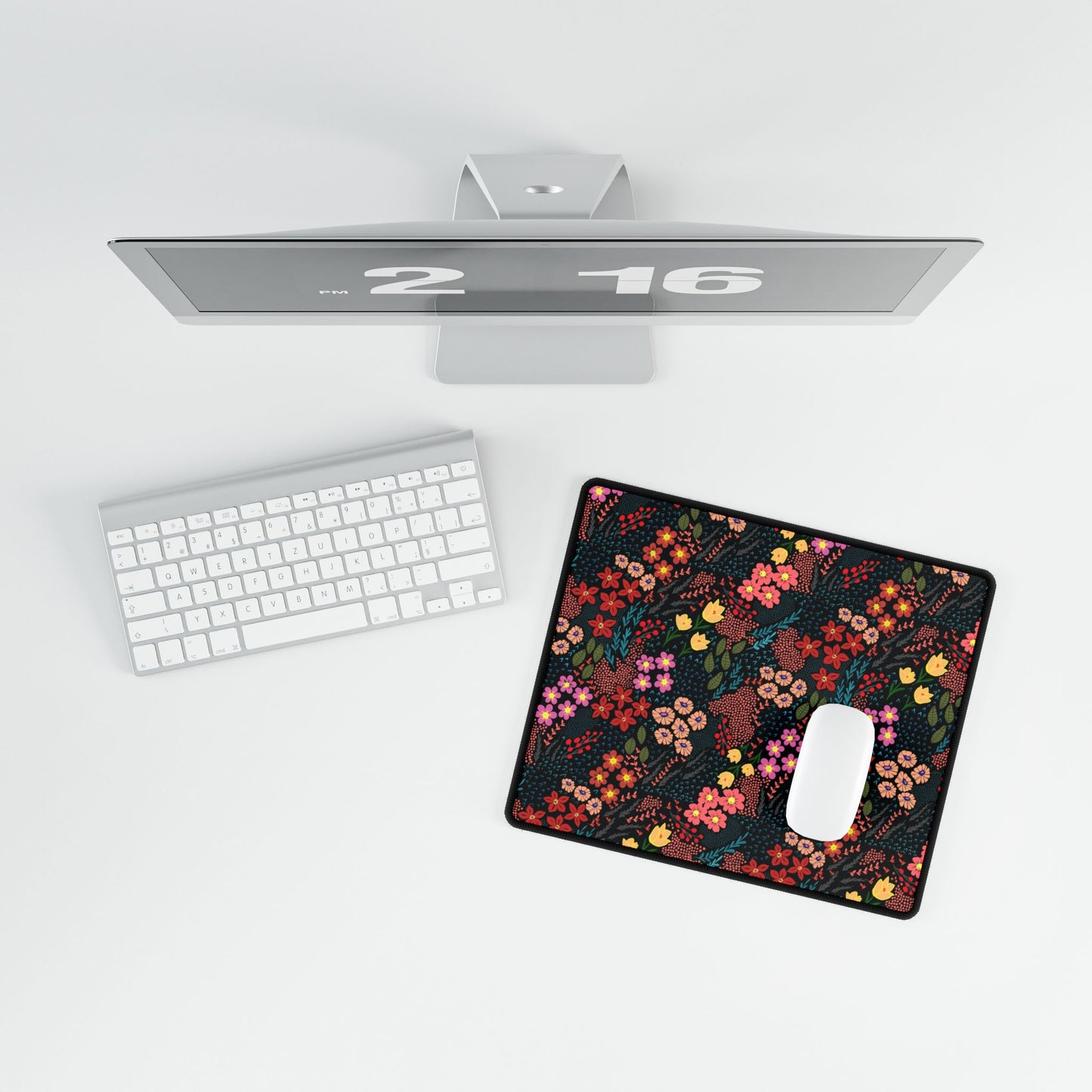 Desk Mat - Midnight Garden Floral Pattern: A stylish mouse pad featuring vibrant floral designs, perfect for adding a touch of nature to your workspace. Ideal for enhancing any minimalist desktop setup.