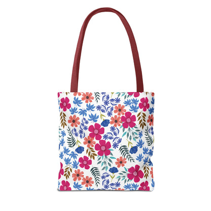 Floral Tote Bag with burgundy handles features vibrant pink, coral, and blue blossoms on a white background, embodying FireBrook Designs' joyful and uplifting style, perfect for summer outings.