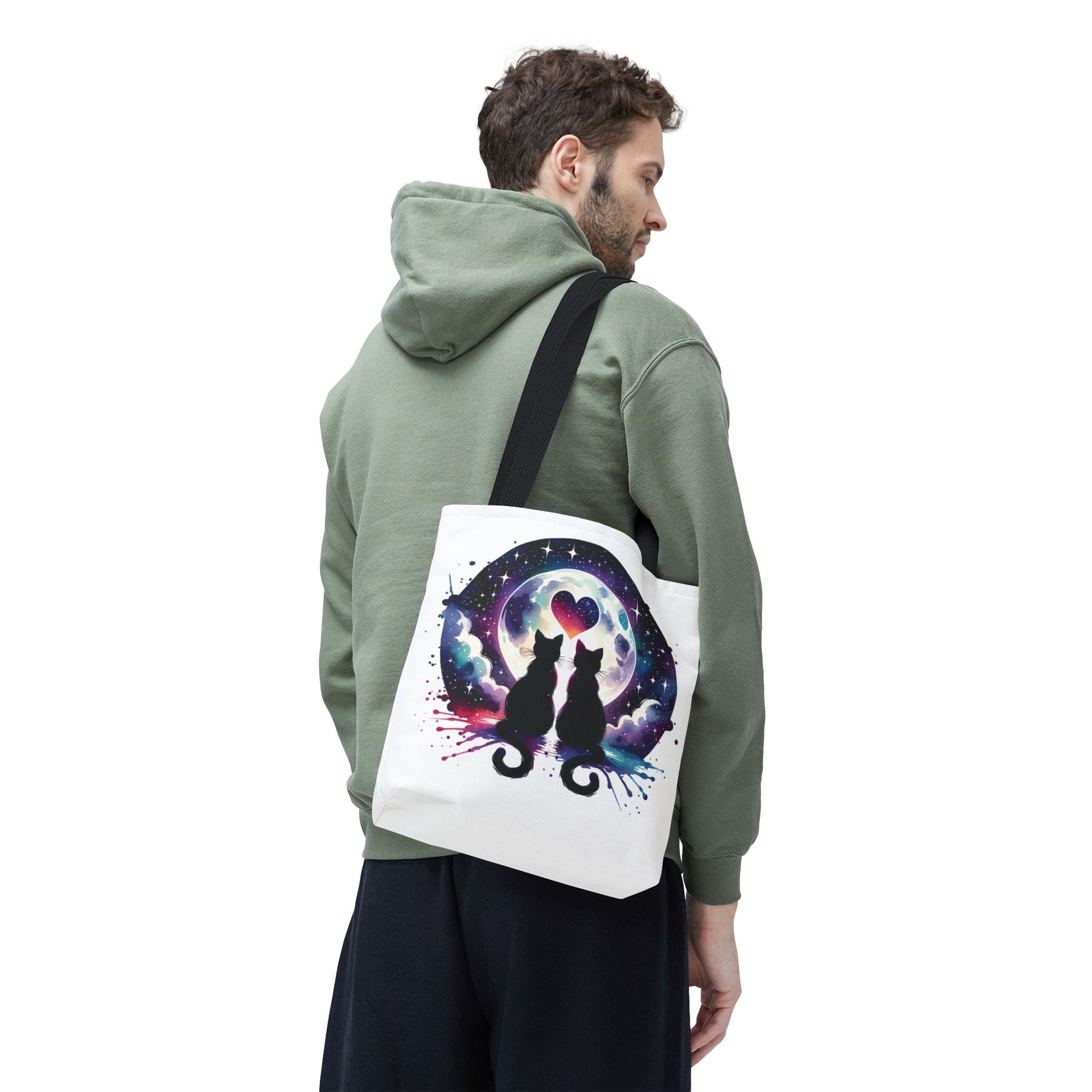 Copy of Cat Lovers Under the Moon Tote Bag featuring a charming cat design, perfect for carrying essentials. Durable polyester with reinforced handles, available in multiple sizes, embodying FireBrook Essentials' uplifting and stylish ethos.