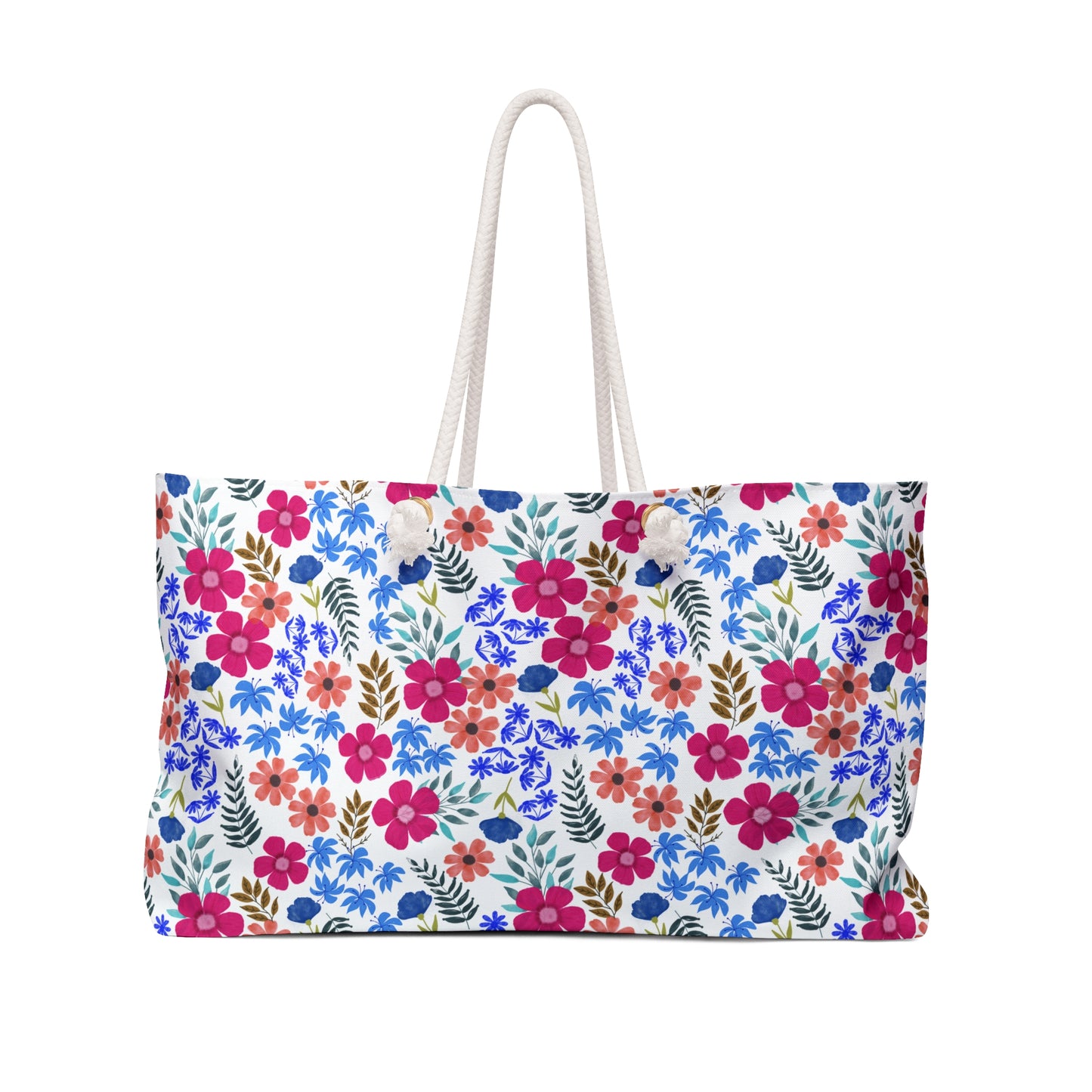 Weekender Bag with vibrant watercolor floral pattern and sturdy white rope handles, perfect for stylish travel. Spacious and summery, embodies FireBrook Essentials' blend of comfort and uplifting design.