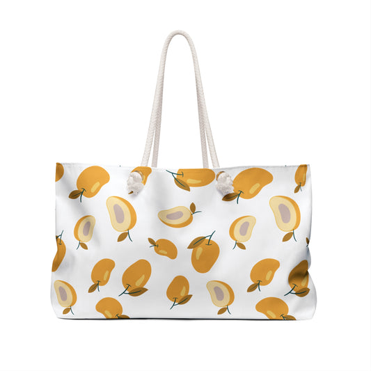 Mango Weekender Bag – Tropical Fruit Travel Tote, featuring a vibrant mango pattern, spacious design with rope handles, ideal for beach trips or casual outings, embodying FireBrook Designs' joyful and uplifting style.