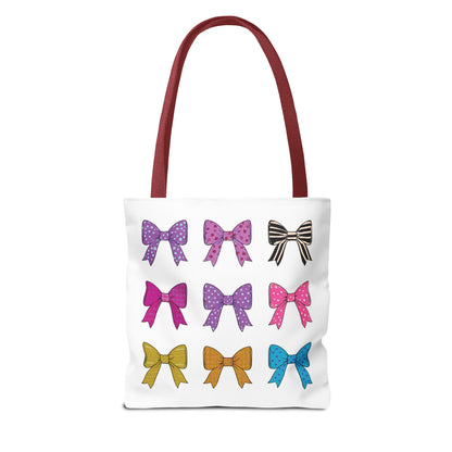 Bows Ribbons Tote Bag featuring colorful bow prints, spacious design, and durable polyester, perfect for stylish, practical everyday use from FireBrook Essentials.