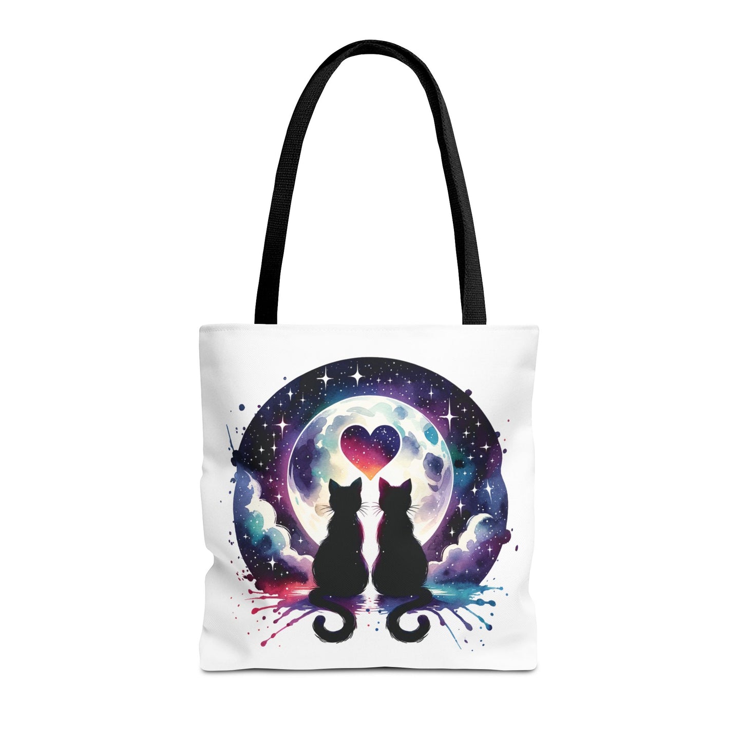 Copy of Cat Lovers Under the Moon Tote Bag, showcasing adorable cat designs, ideal for daily essentials. Features durable polyester, boxed corners, and reinforced handles, embodying FireBrook Essentials' blend of style and practicality.