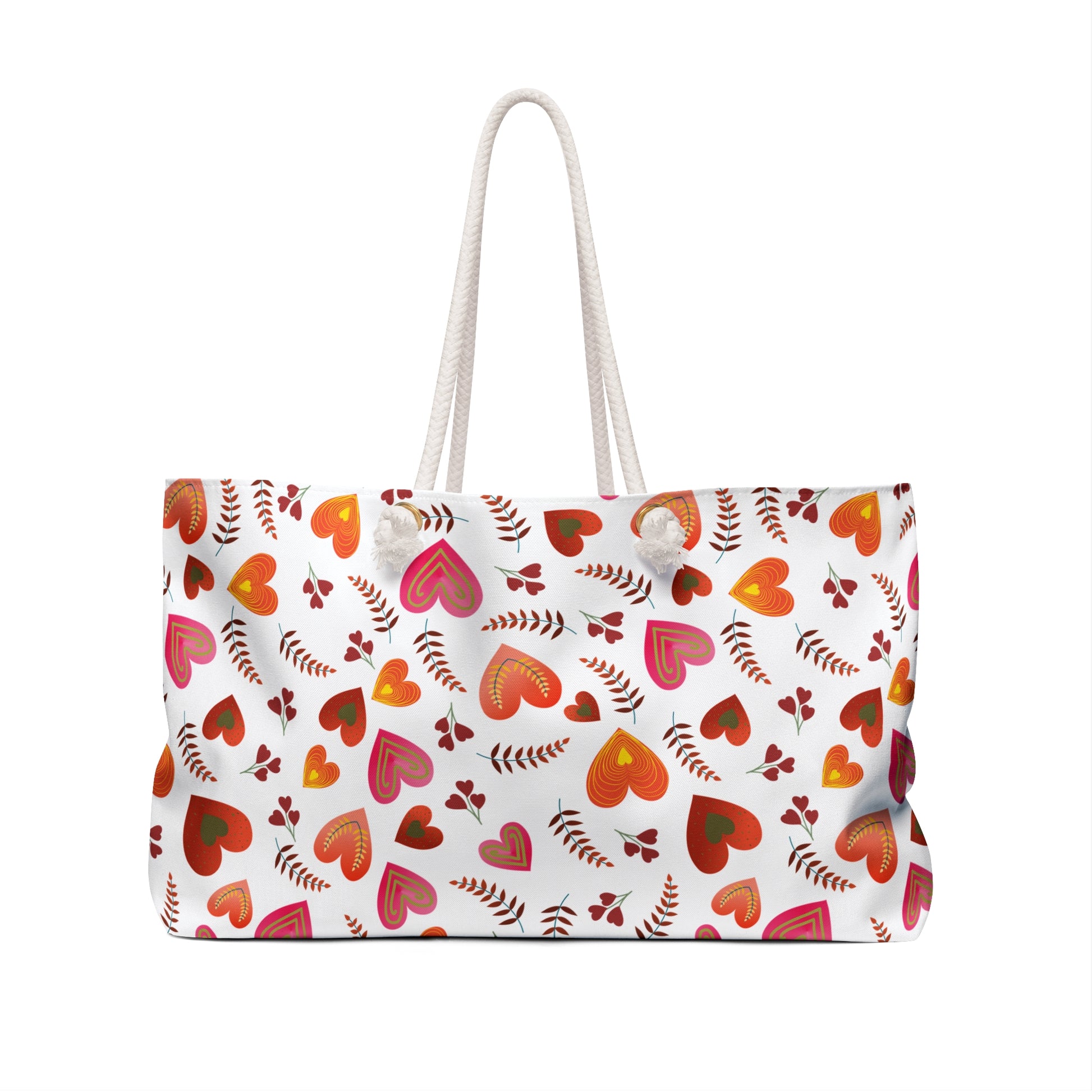 Weekender Bag with thick white rope handles, featuring a white fabric adorned with stylized red, orange, and pink hearts and leafy sprigs; ideal for stylish, joyful travel with generous storage.