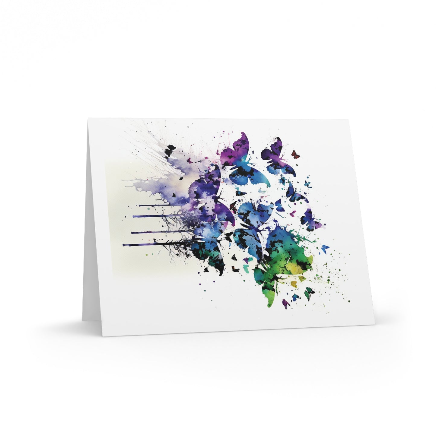 Butterfly Greeting Cards — Pack of 8/16/24 features vibrant watercolor butterflies in purples, blues, and greens on a matte-finish card, embodying FireBrook Essentials' uplifting, joyful design ethos.