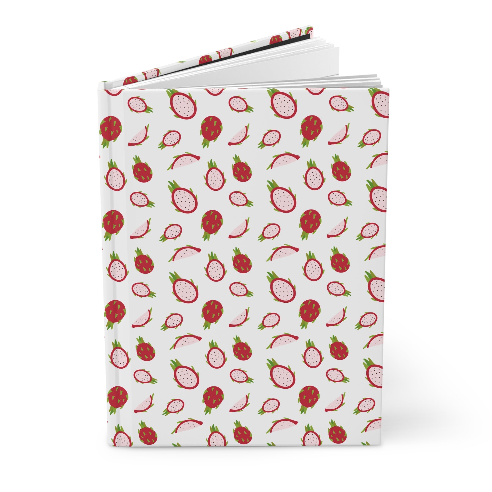HARDCOVER JOURNAL, MATTE, RULED, 5X7, SEWN BIND, CLEAN-TEAR PAGES – DRAGONFRUIT features a white cover adorned with vibrant dragon-fruit illustrations, showcasing whole fruits and cross-sections, embodying FireBrook Designs' joyful essence.
