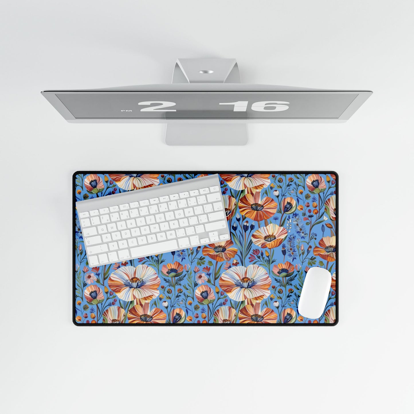 Desk Mats - Spring Wildflowers Poppy Cornflower Iris Design: A vibrant floral-patterned desk mat featuring poppies, cornflowers, and irises, complemented by a compact white keyboard and mouse, enhancing any workspace.