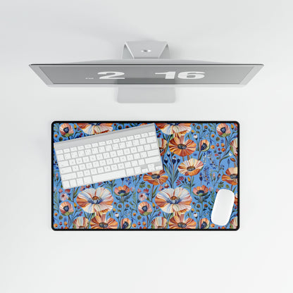 Desk Mats - Spring Wildflowers Poppy Cornflower Iris Design: A vibrant floral-patterned desk mat featuring poppies, cornflowers, and irises, complemented by a compact white keyboard and mouse, enhancing any workspace.