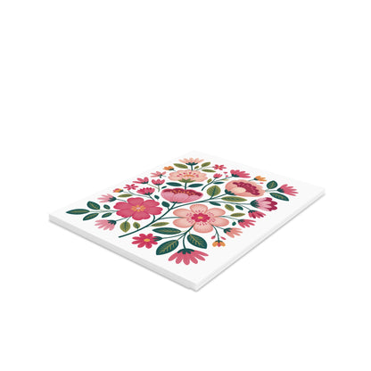 Flower Greeting Cards — Pack of 8/16/24 feature bright, stylized floral designs with pink and coral blossoms and dark green leaves, offering a cheerful, matte-finish greeting option for any occasion.