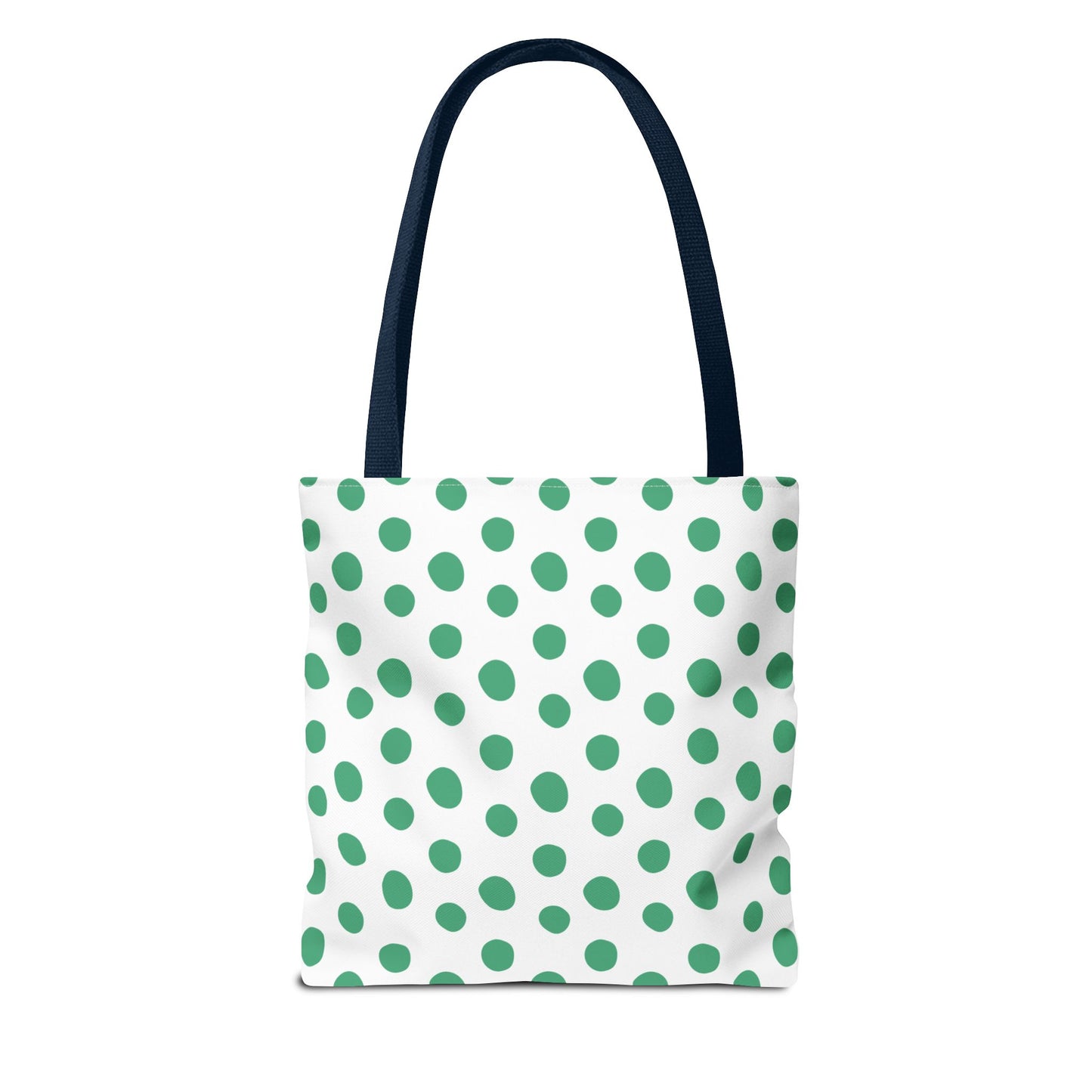 Green Polka Dots Tote Bag with black handles, featuring a playful green dot pattern on white. Ideal for casual outings, its cheerful design embodies FireBrook Designs' commitment to stylish, joyful accessories.