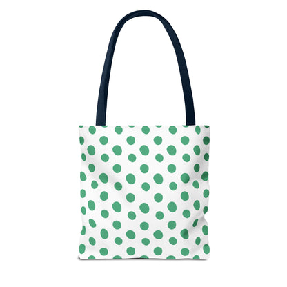 Green Polka Dots Tote Bag with black handles, featuring a playful green dot pattern on white. Ideal for casual outings, its cheerful design embodies FireBrook Designs' commitment to stylish, joyful accessories.