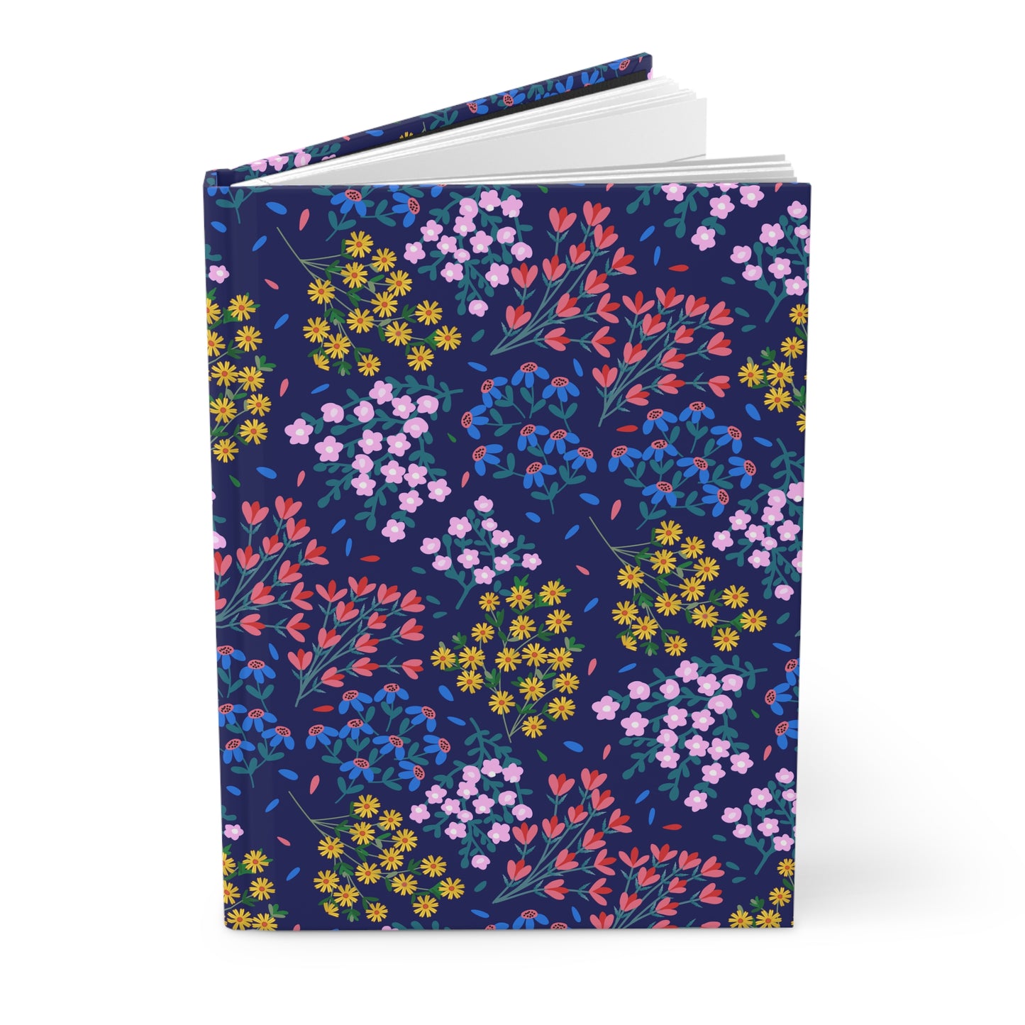HARDCOVER JOURNAL, MATTE, RULED, 5X7, SEWN BIND, CLEAN-TEAR PAGES – MIDNIGHT BLOOM stands upright, showcasing its deep navy cover adorned with vibrant floral motifs, and white pages slightly visible.