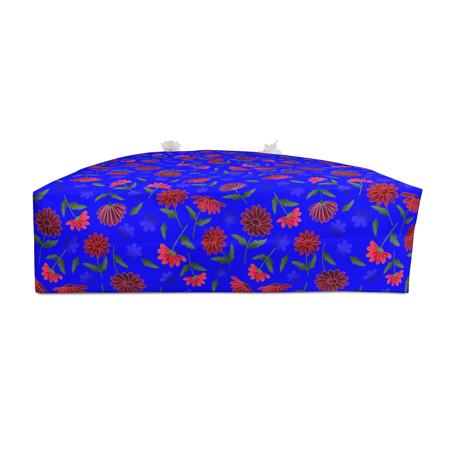 Floral Blue Weekender Bag — Bright Boho Travel Tote showcasing vibrant hand-drawn floral clusters on cobalt canvas, featuring sturdy cream rope handles and a spacious design for stylish, joyful travel.