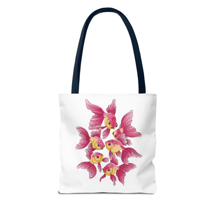 Fish Tote Bag - School of Fish Design: A durable polyester tote with a tranquil oceanic fish pattern, ideal for marine enthusiasts. Features reinforced handles and boxed corners for practicality and style.