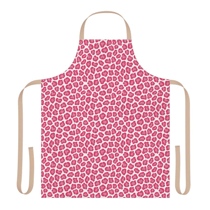 Cheetah Print Apron from FireBrook Designs showcases a stylish, fashion-forward design. This close-up highlights its vibrant pattern and practical tie-back closure, perfect for enhancing kitchen or grilling events with flair.