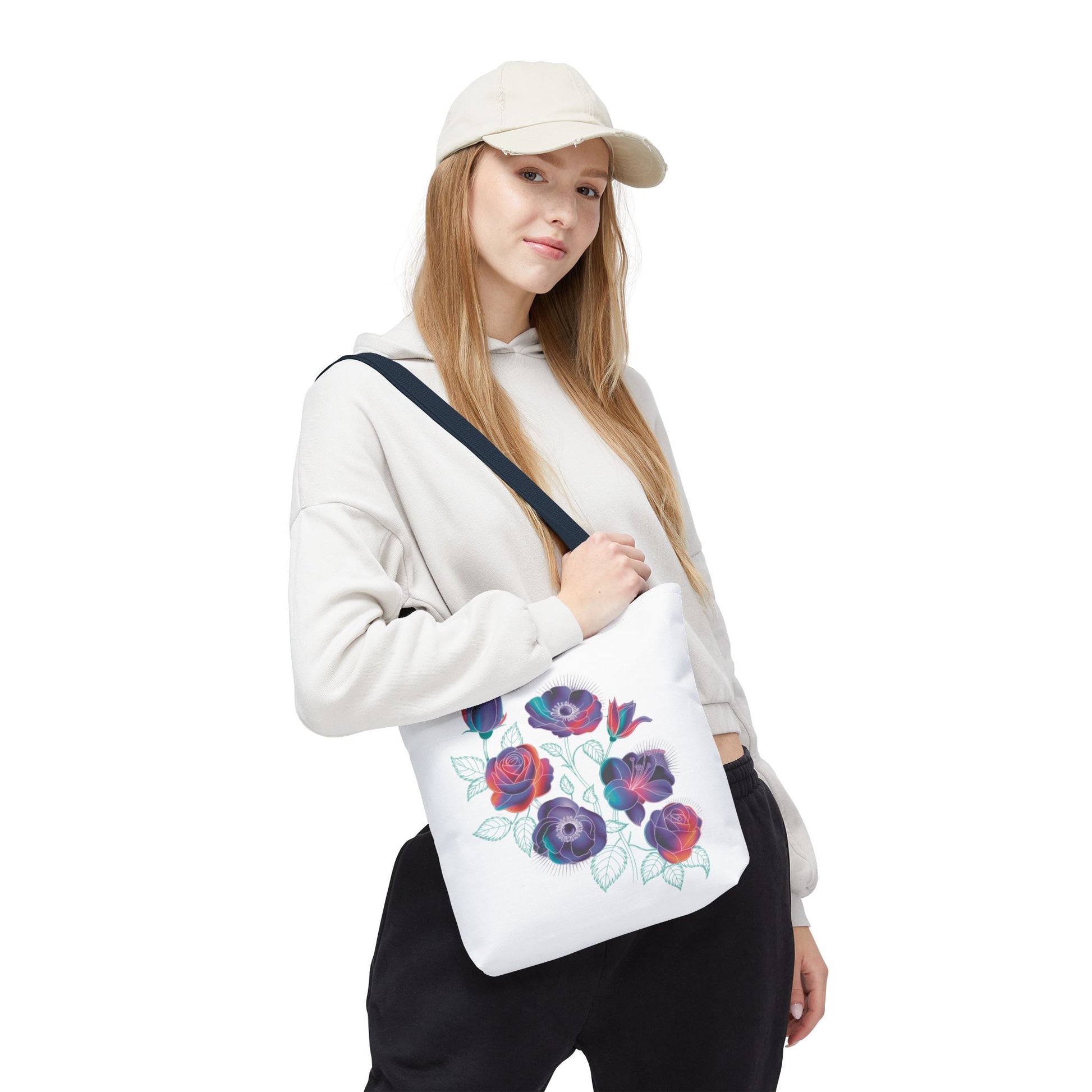 Vibrant Rose, Anemone, Lily Silhouettes Neon Floral Tote Bag features bold floral silhouettes against dark gray, offering a stylish pop of color for everyday essentials, perfect for nature enthusiasts and unique design lovers.
