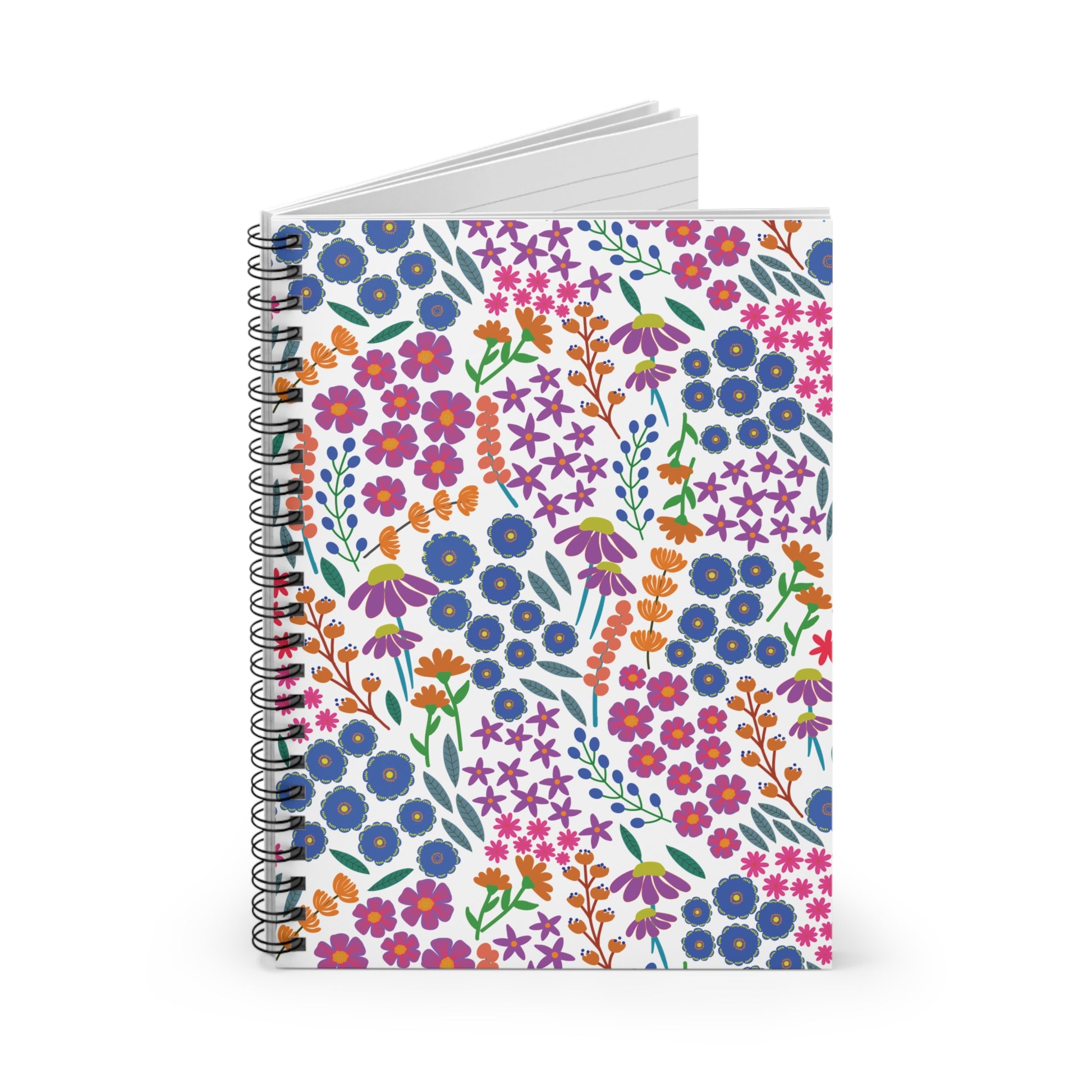 Floral Spiral Notebook with a bright, stylized floral pattern featuring orange, pink, purple, and blue flowers with green leaves, showcasing sleek metal spiral binding and fanned open pages.