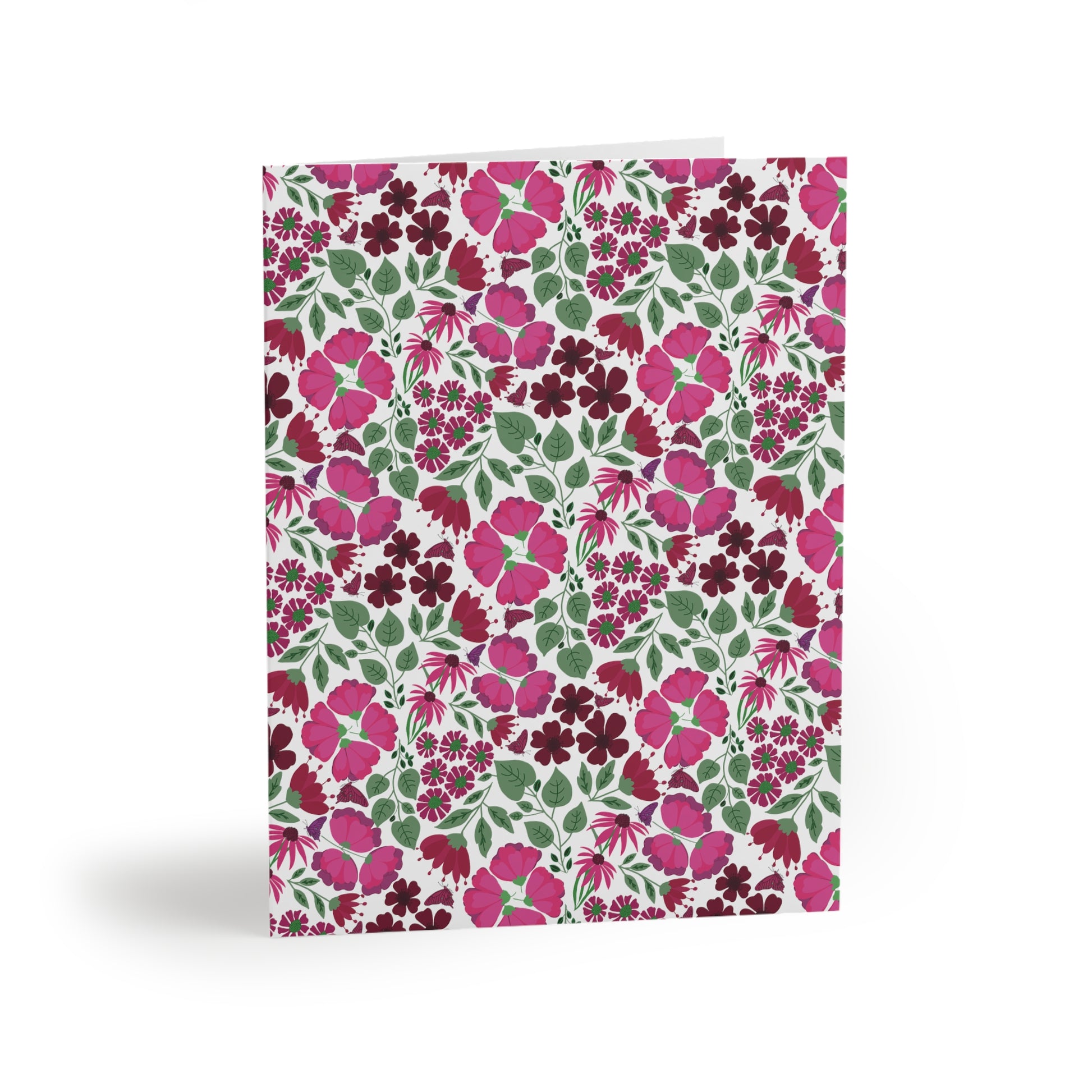 Floral Greeting Cards — Pack of 8/16/24, showcasing a vibrant matte-finish card with a cheerful botanical pattern, perfect for sending thoughtful messages. Includes matching white envelope, enhancing joyful, personal expression.