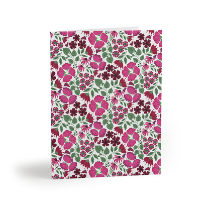 Floral Greeting Cards — Pack of 8/16/24 feature vibrant pink and burgundy blooms, offering a cheerful, garden-inspired design on a matte finish, perfect for personal messages.