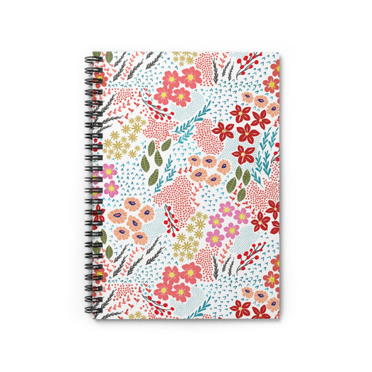 Floral Spiral Notebook featuring vibrant stylized flowers and green leaves on a white cover, capturing joyful creativity. Ideal for note-taking or journaling with durable metal binding for easy page turning.