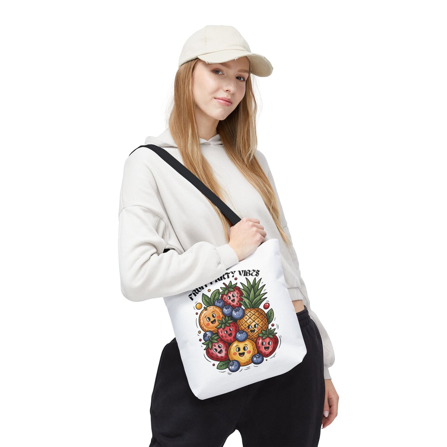 Fruit Party Tote Bag - Fun Summer Vibes, features a vibrant design. Ideal for summer outings, its durable polyester body and reinforced handles make it perfect for joyful, everyday use.