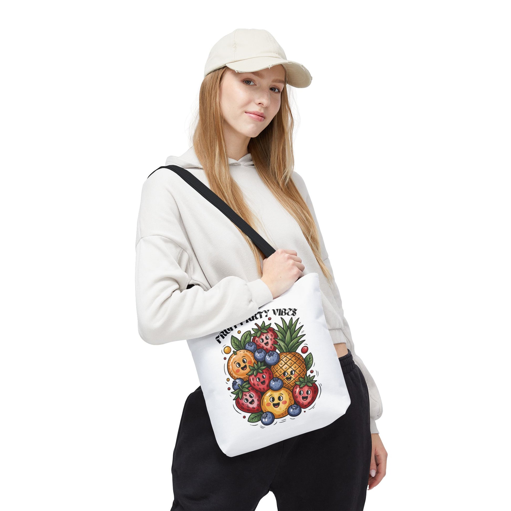 Fruit Party Tote Bag - Fun Summer Vibes, features a vibrant design. Ideal for summer outings, its durable polyester body and reinforced handles make it perfect for joyful, everyday use.