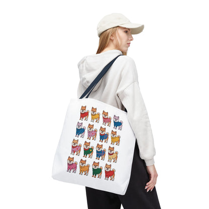 Shiba Inu Grid Tote Bag with Colorful Outfits features vibrant Shiba Inus in unique attire, perfect for dog lovers. Durable and whimsical, adding joy to everyday errands.