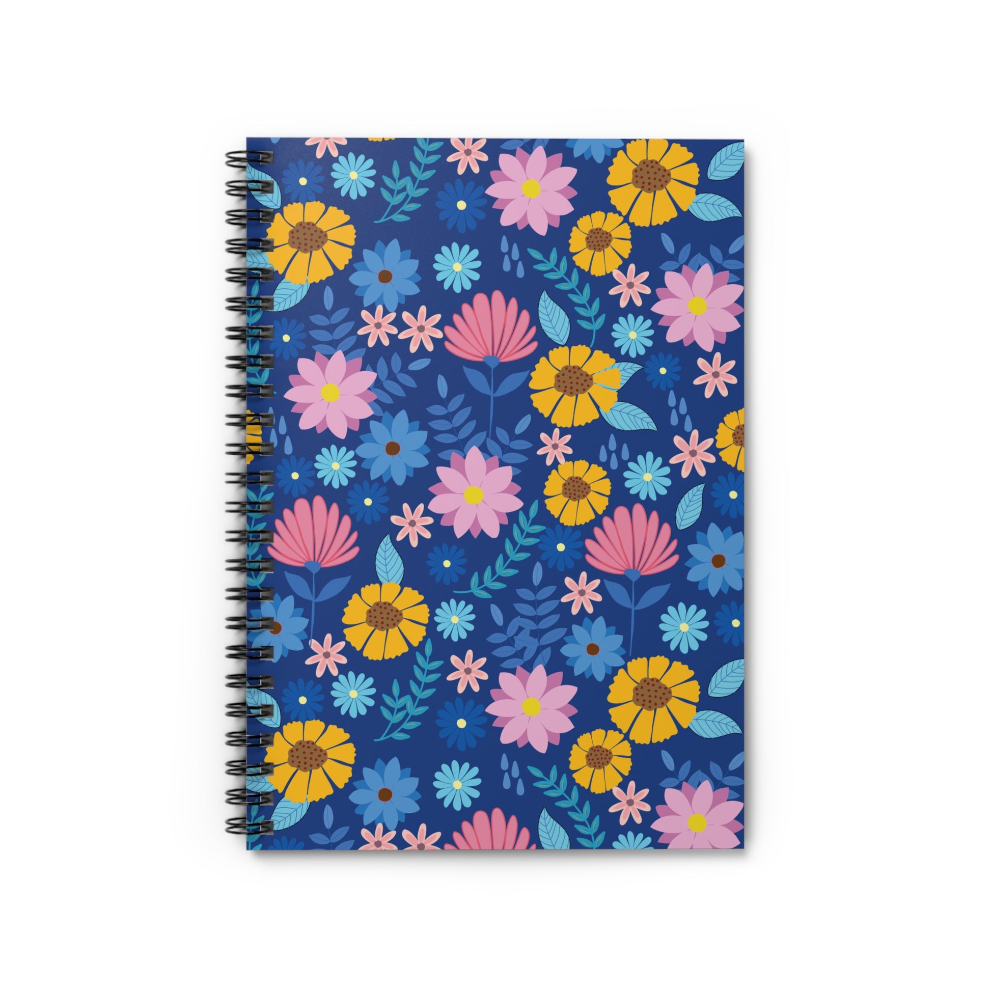 Floral Spiral Notebook with vibrant pink, yellow, and blue floral patterns on a deep blue cover, featuring a sleek wire-o binding ideal for creative note-taking and organization.