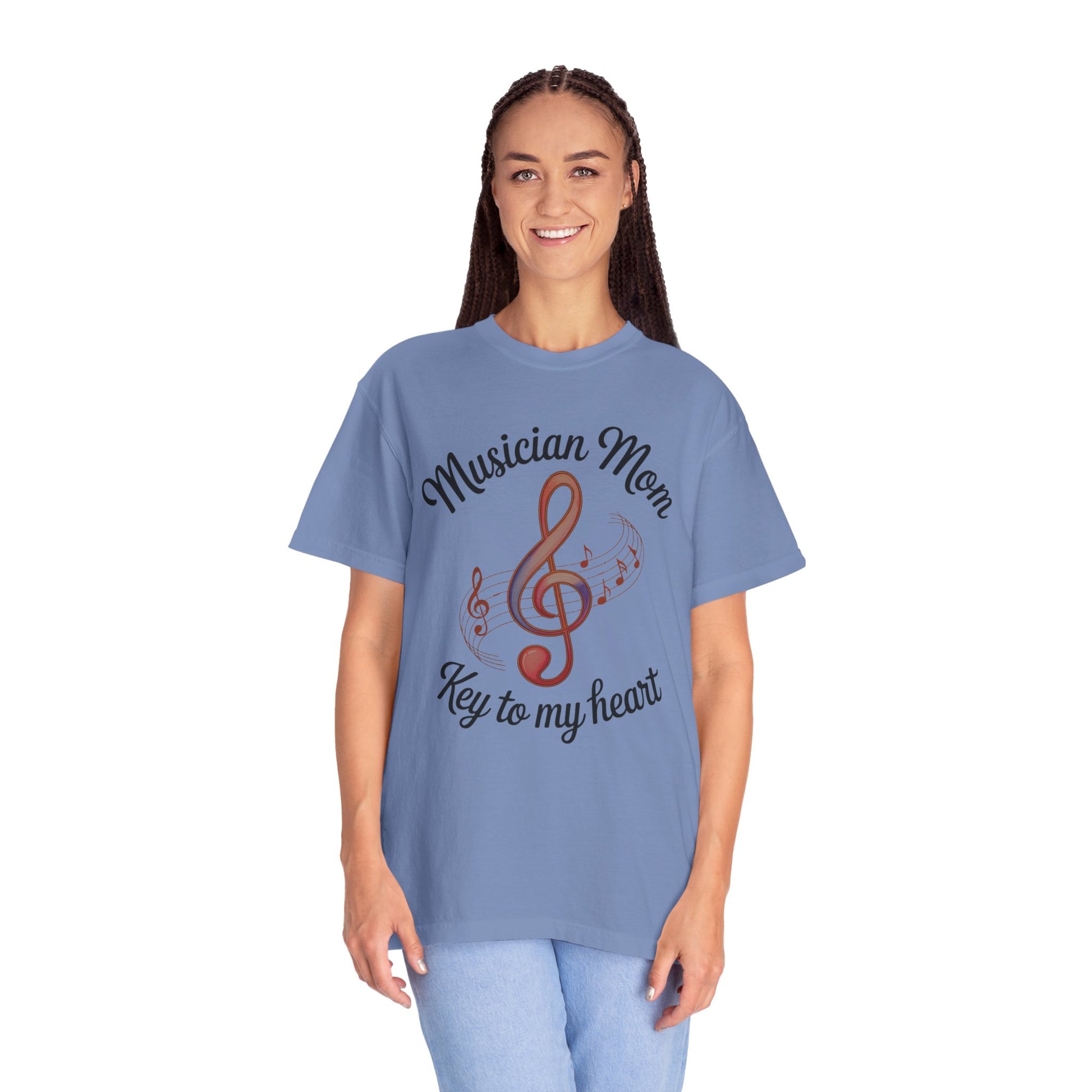 Musician Mom T-Shirt featuring a relaxed fit and classic crew neckline, crafted from high-quality US cotton for comfort. Ideal for music-loving moms, aligning with FireBrook Essentials' uplifting and joyful apparel ethos.
